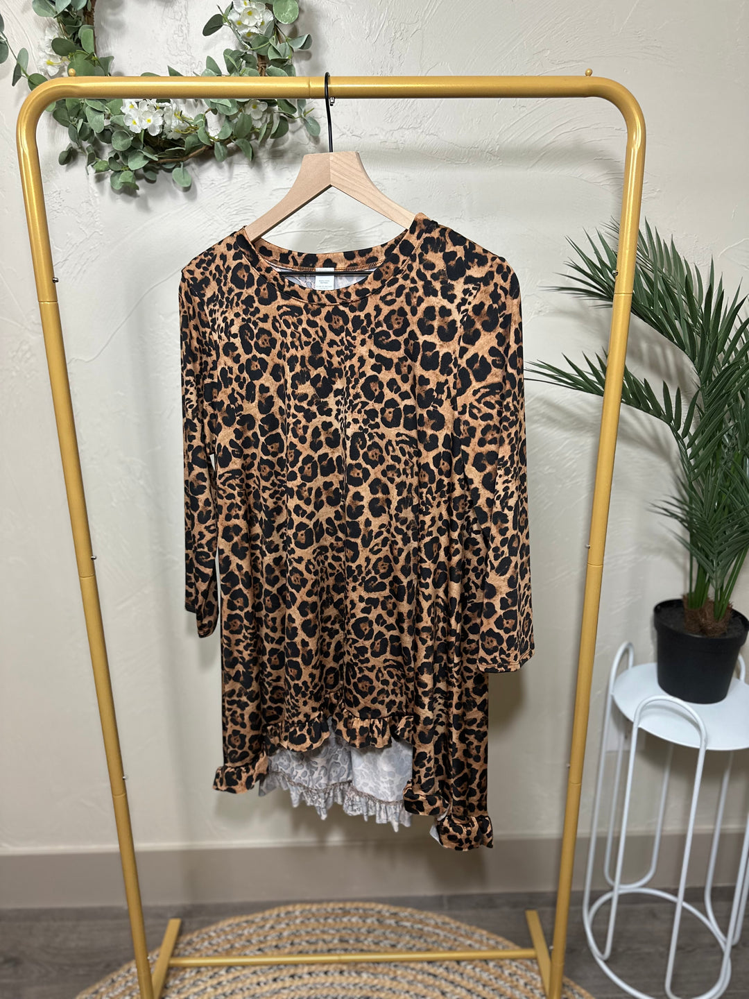 Liza Lou’s Animal Print Modest Tunic Top with Ruffle