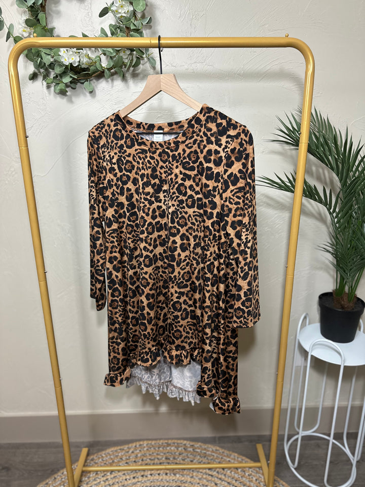 Liza Lou’s Animal Print Modest Tunic Top with Ruffle