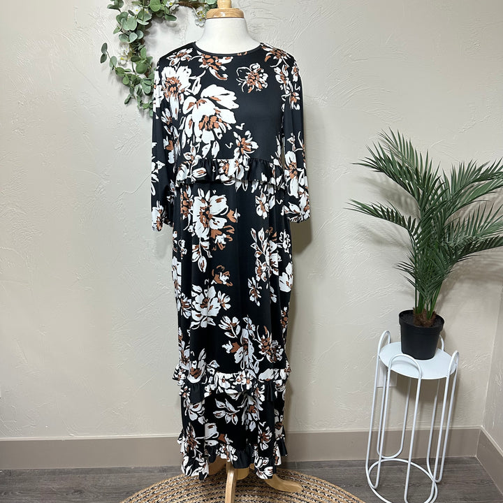 Liza Lou’s Black Ruffles Long Modest Dress with Floral Print