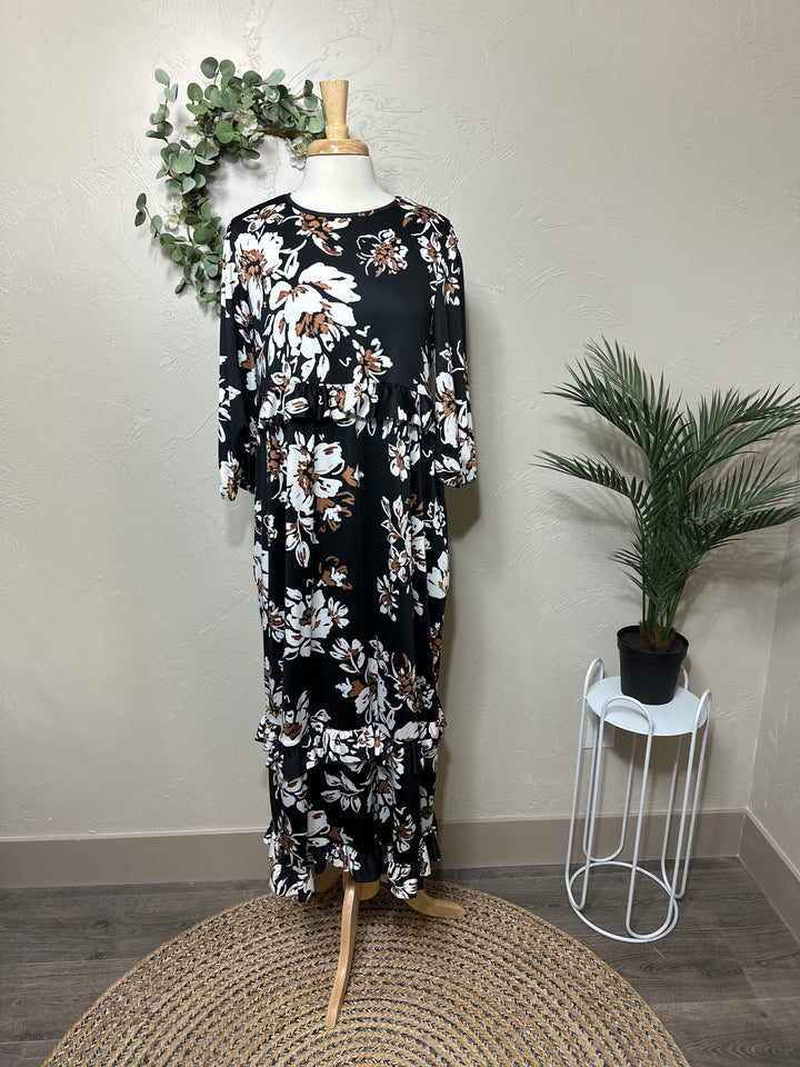 Liza Lou’s Black Ruffles Long Modest Dress with Floral Print