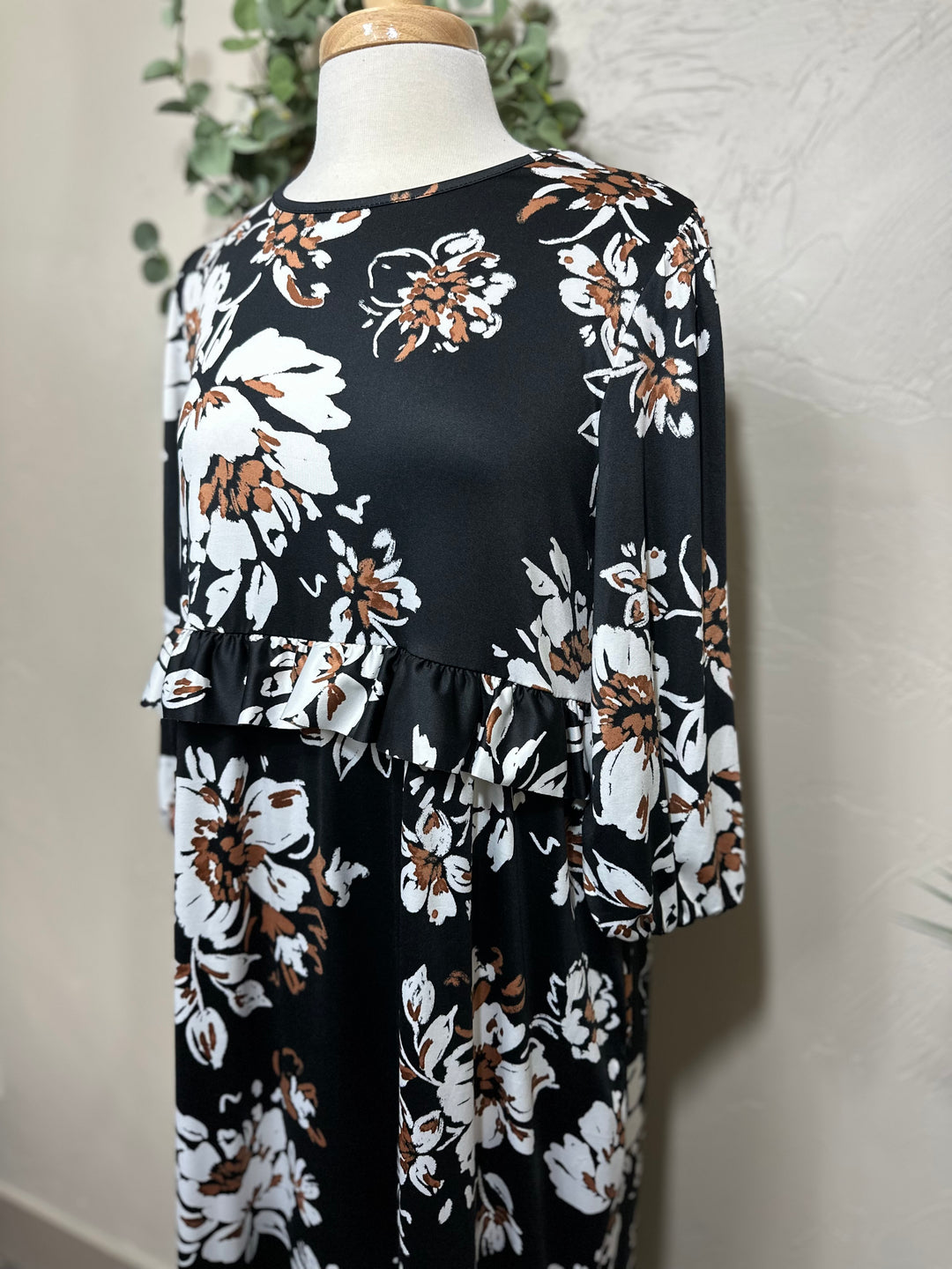Liza Lou’s Black Ruffles Long Modest Dress with Floral Print
