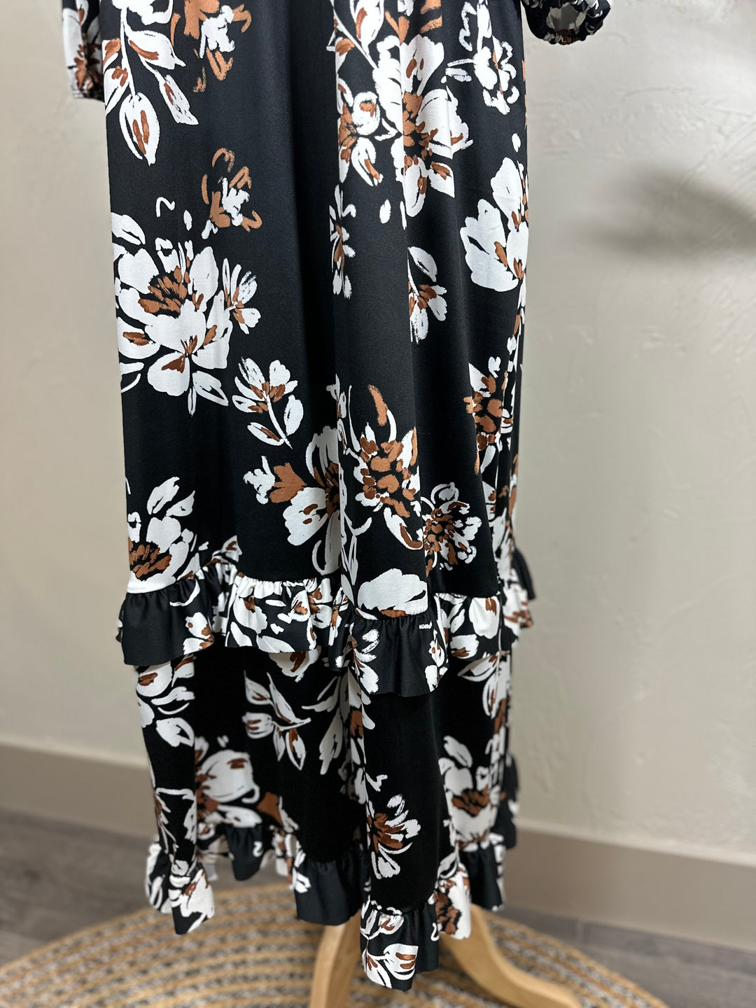 Liza Lou’s Black Ruffles Long Modest Dress with Floral Print
