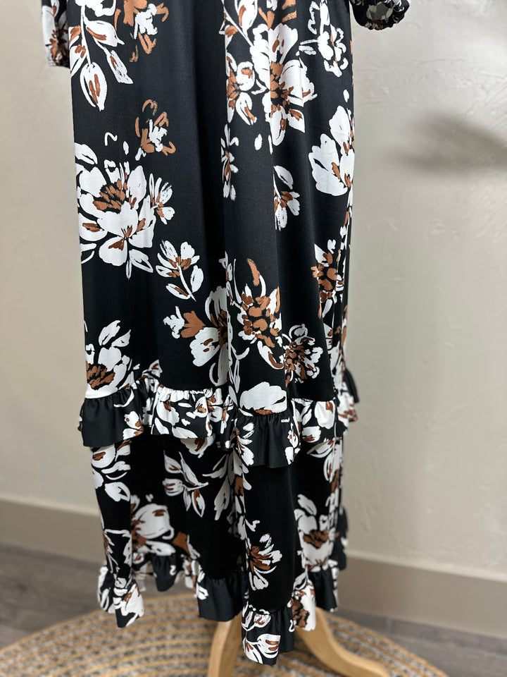 Liza Lou’s Black Ruffles Long Modest Dress with Floral Print