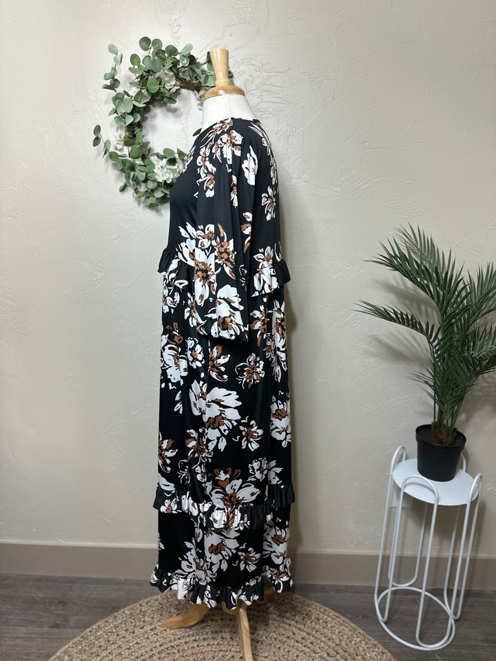 Liza Lou’s Black Ruffles Long Modest Dress with Floral Print