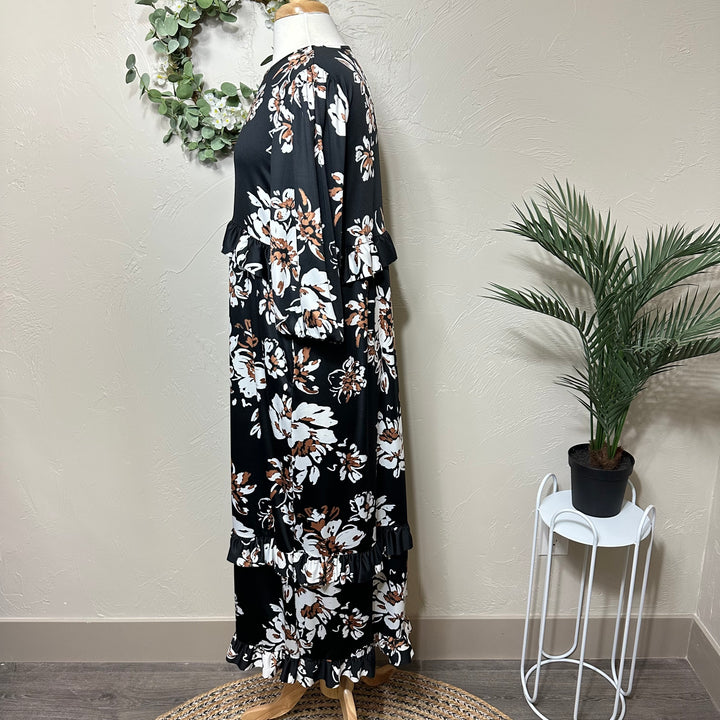 Liza Lou’s Black Ruffles Long Modest Dress with Floral Print