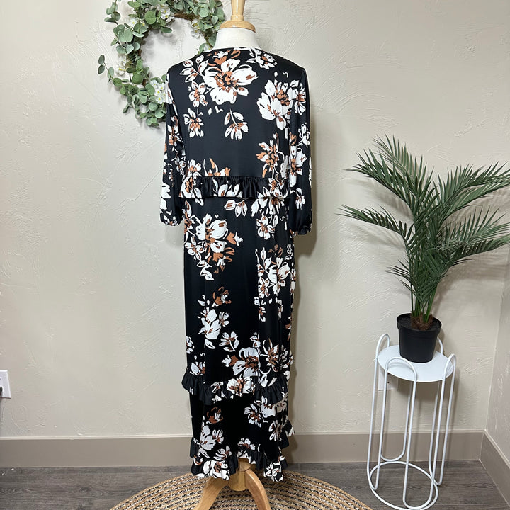 Liza Lou’s Black Ruffles Long Modest Dress with Floral Print