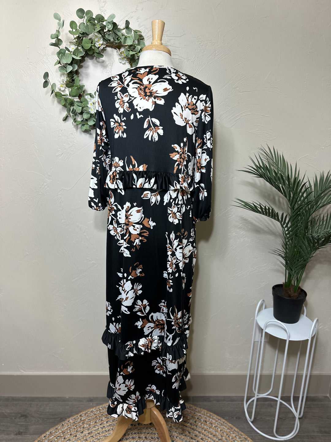 Liza Lou’s Black Ruffles Long Modest Dress with Floral Print