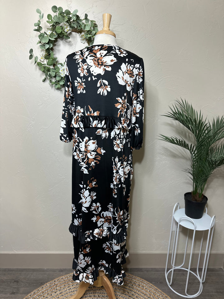 Liza Lou’s Black Ruffles Long Modest Dress with Floral Print