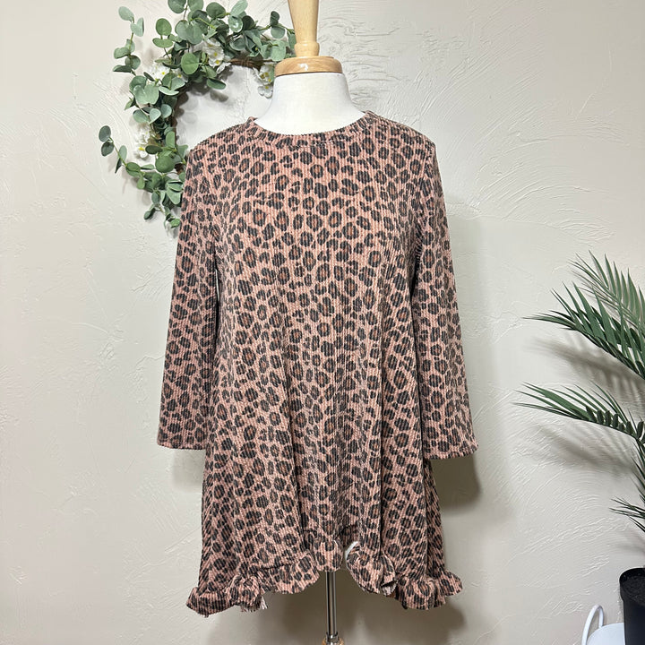 Liza Lou’s Ribbed Texture Animal Print Modest Tunic Top with Ruffle