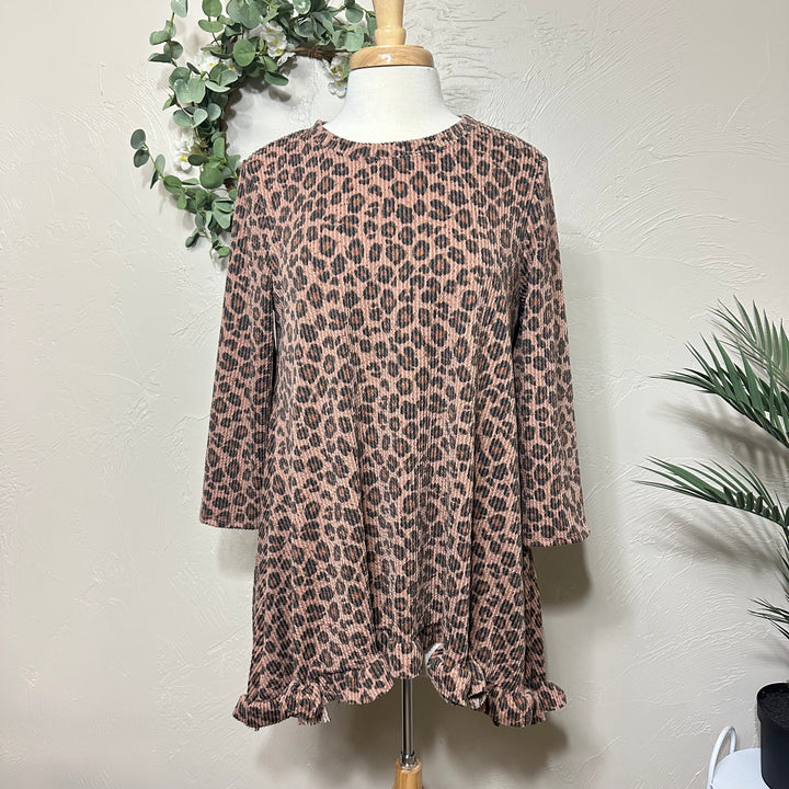 Liza Lou’s Ribbed Texture Animal Print Modest Tunic Top with Ruffle