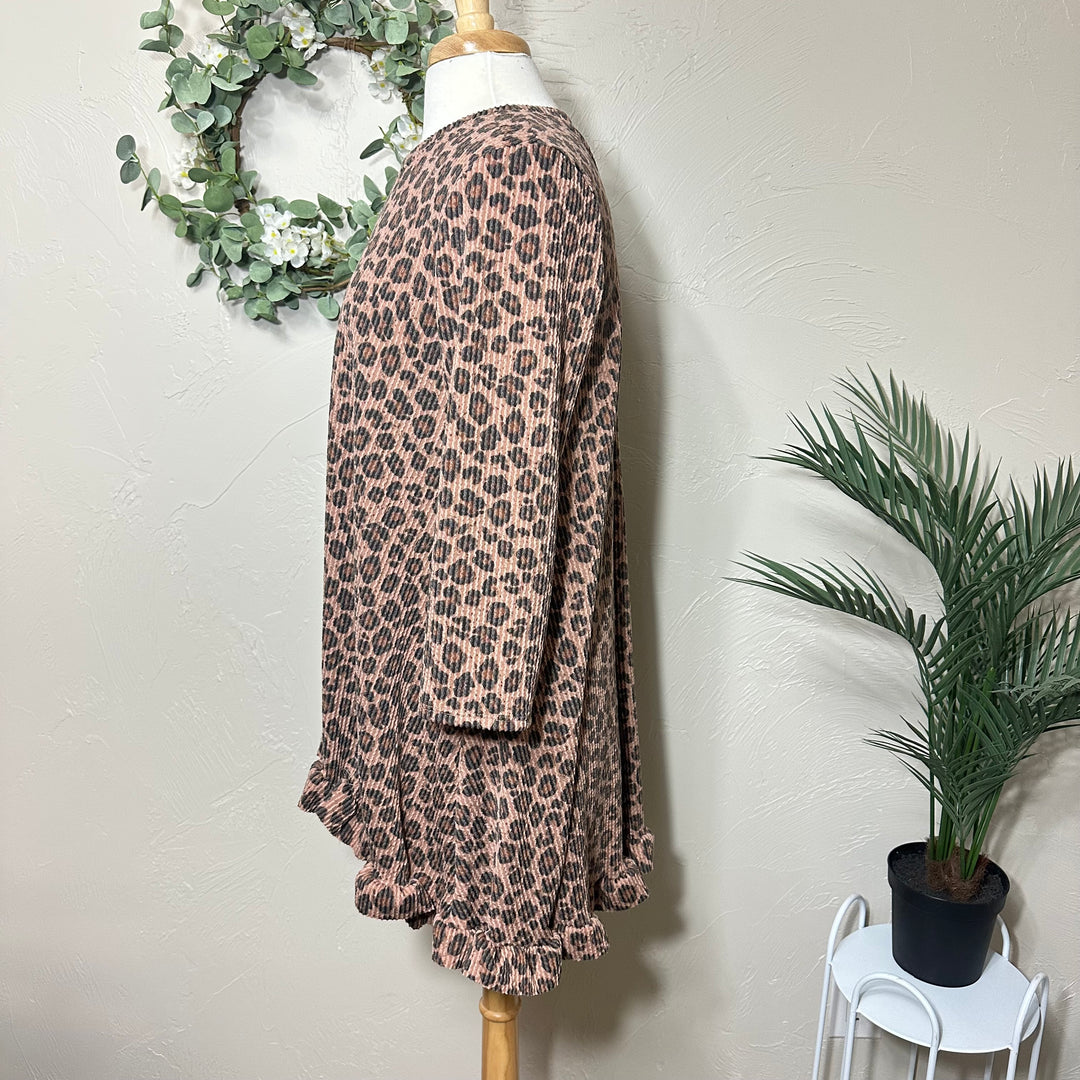 Liza Lou’s Ribbed Texture Animal Print Modest Tunic Top with Ruffle