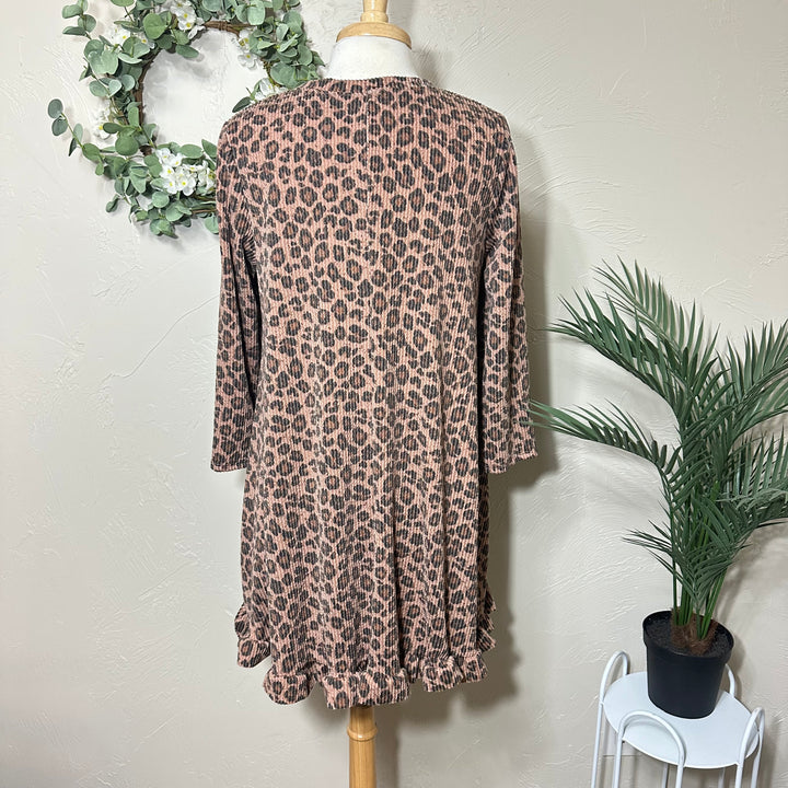 Liza Lou’s Ribbed Texture Animal Print Modest Tunic Top with Ruffle