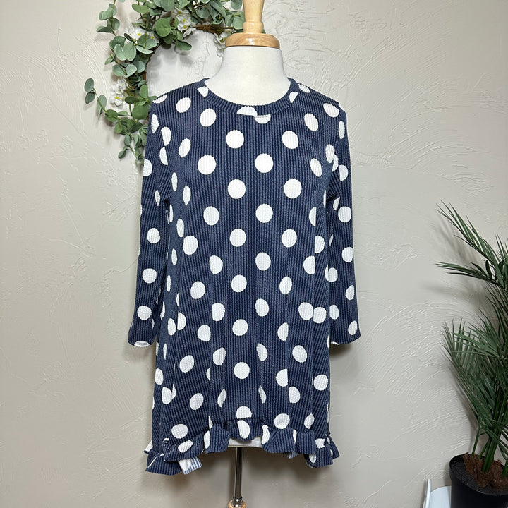 Liza Lou’s Ribbed Texture Navy Blue Polka Dot Modest Tunic Top with Ruffle