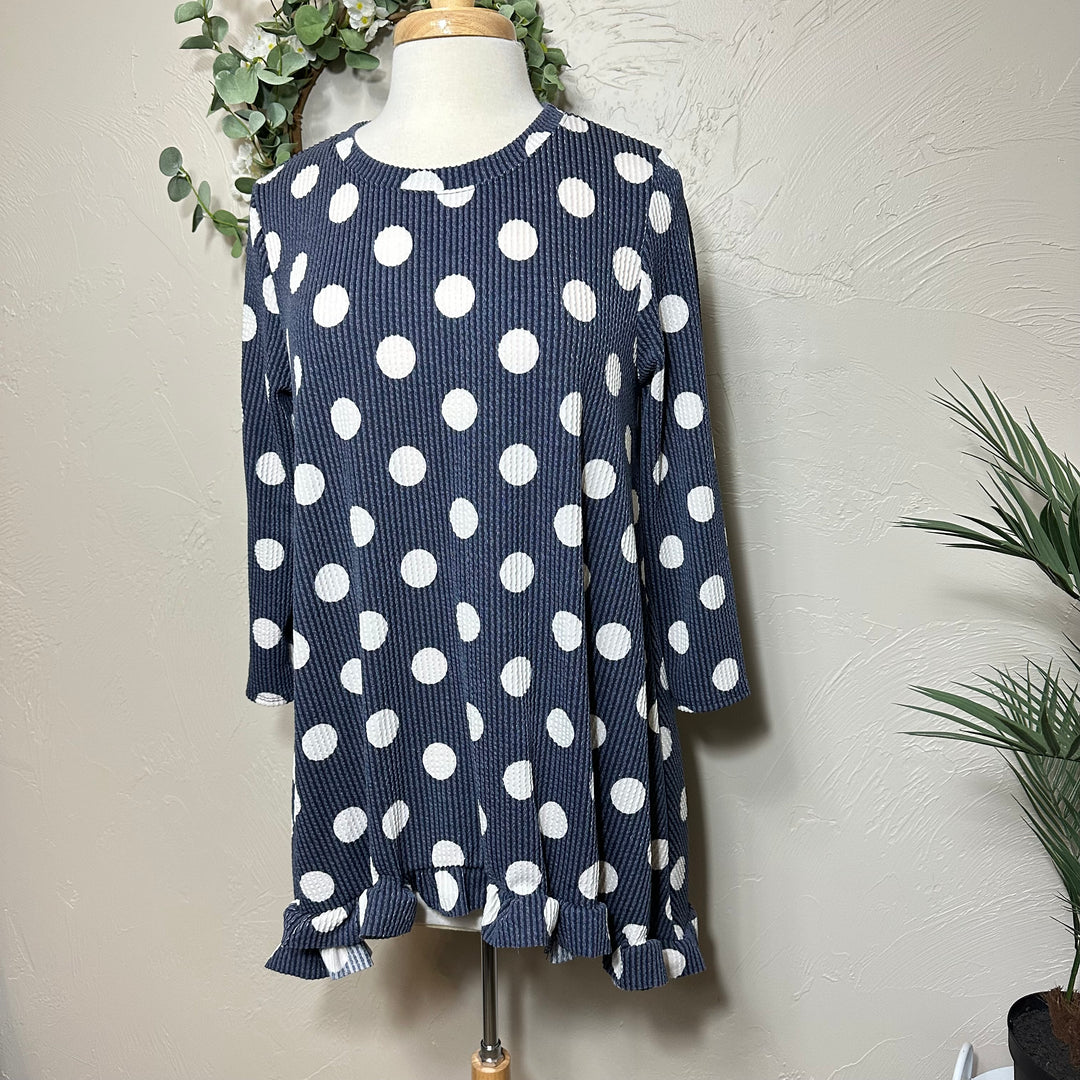 Liza Lou’s Ribbed Texture Navy Blue Polka Dot Modest Tunic Top with Ruffle