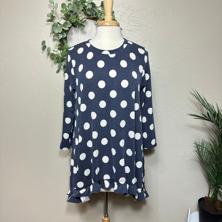 Liza Lou’s Ribbed Texture Navy Blue Polka Dot Modest Tunic Top with Ruffle