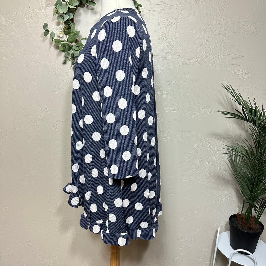 Liza Lou’s Ribbed Texture Navy Blue Polka Dot Modest Tunic Top with Ruffle
