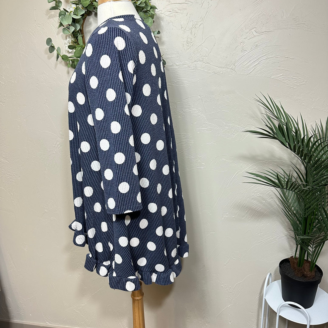 Liza Lou’s Ribbed Texture Navy Blue Polka Dot Modest Tunic Top with Ruffle