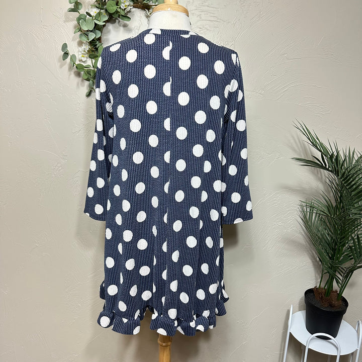 Liza Lou’s Ribbed Texture Navy Blue Polka Dot Modest Tunic Top with Ruffle