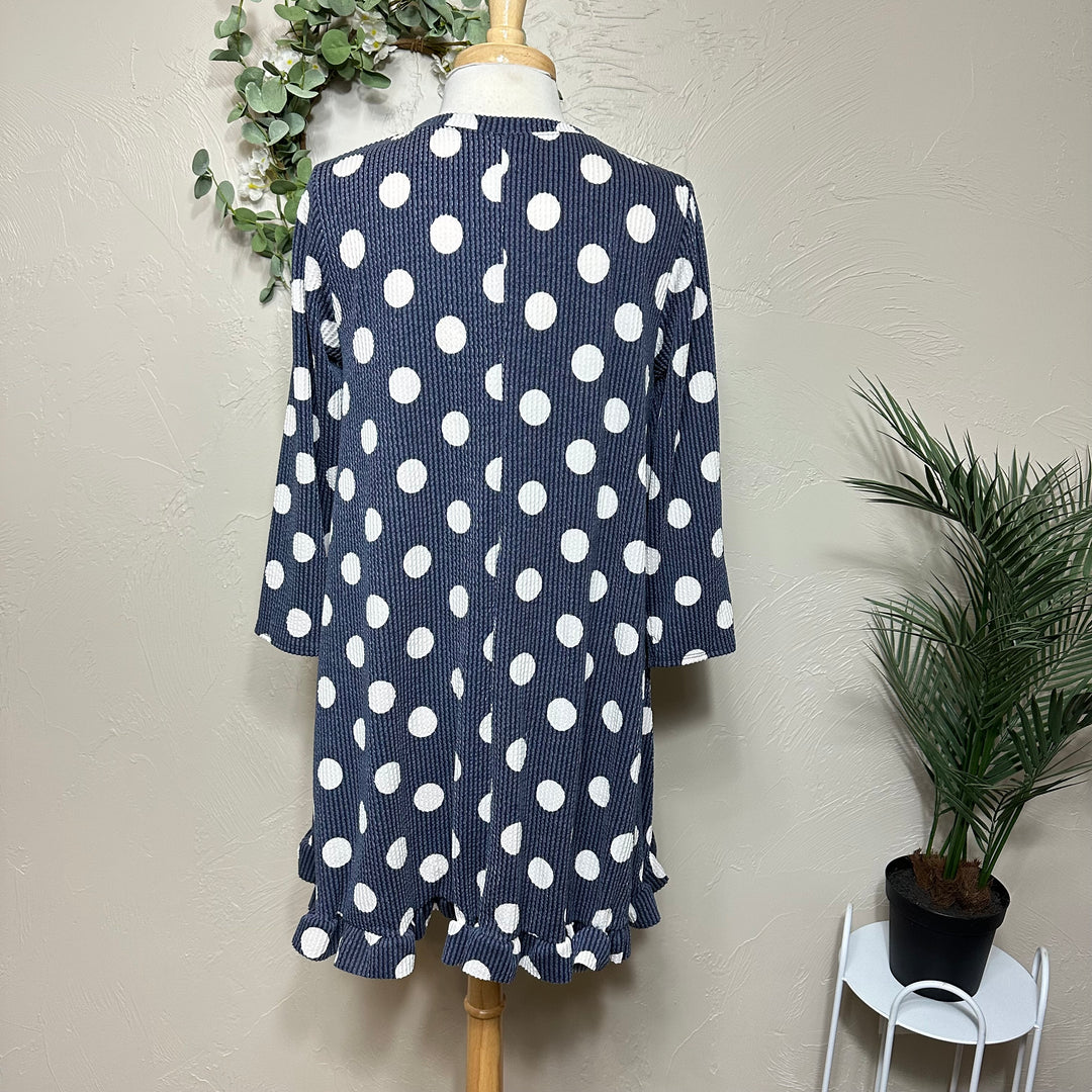 Liza Lou’s Ribbed Texture Navy Blue Polka Dot Modest Tunic Top with Ruffle