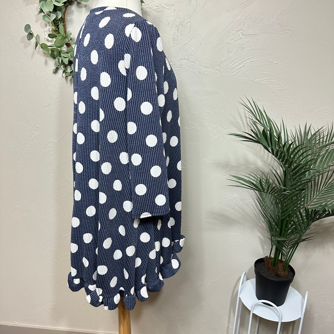 Liza Lou’s Ribbed Texture Navy Blue Polka Dot Modest Tunic Top with Ruffle