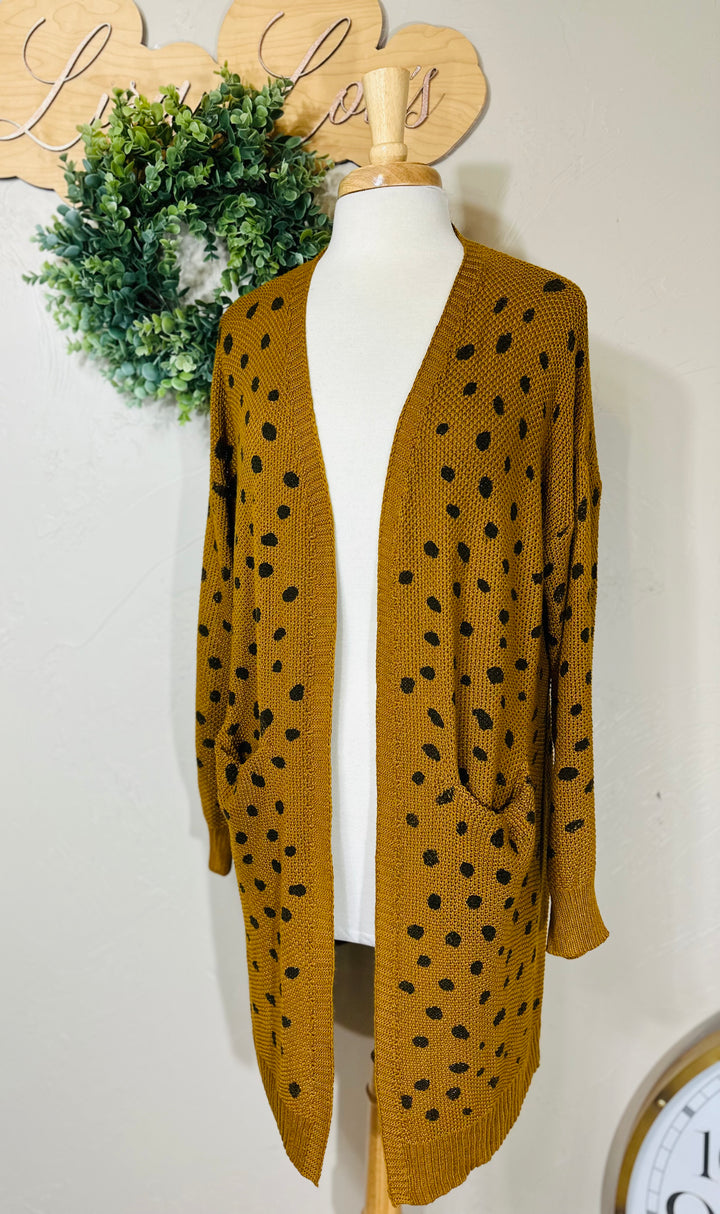 Umgee Mustard Brown Hand Stamped Long Open Front Cardigan Sweater with Pockets