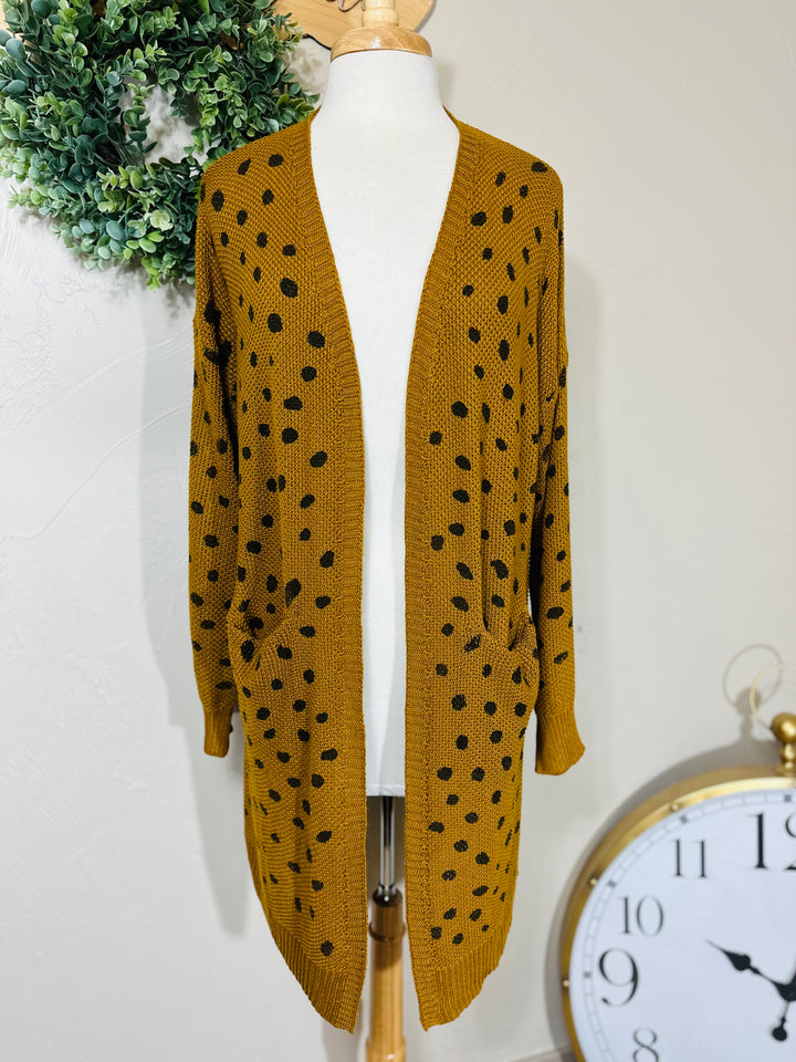 Umgee Mustard Brown Hand Stamped Long Open Front Cardigan Sweater with Pockets