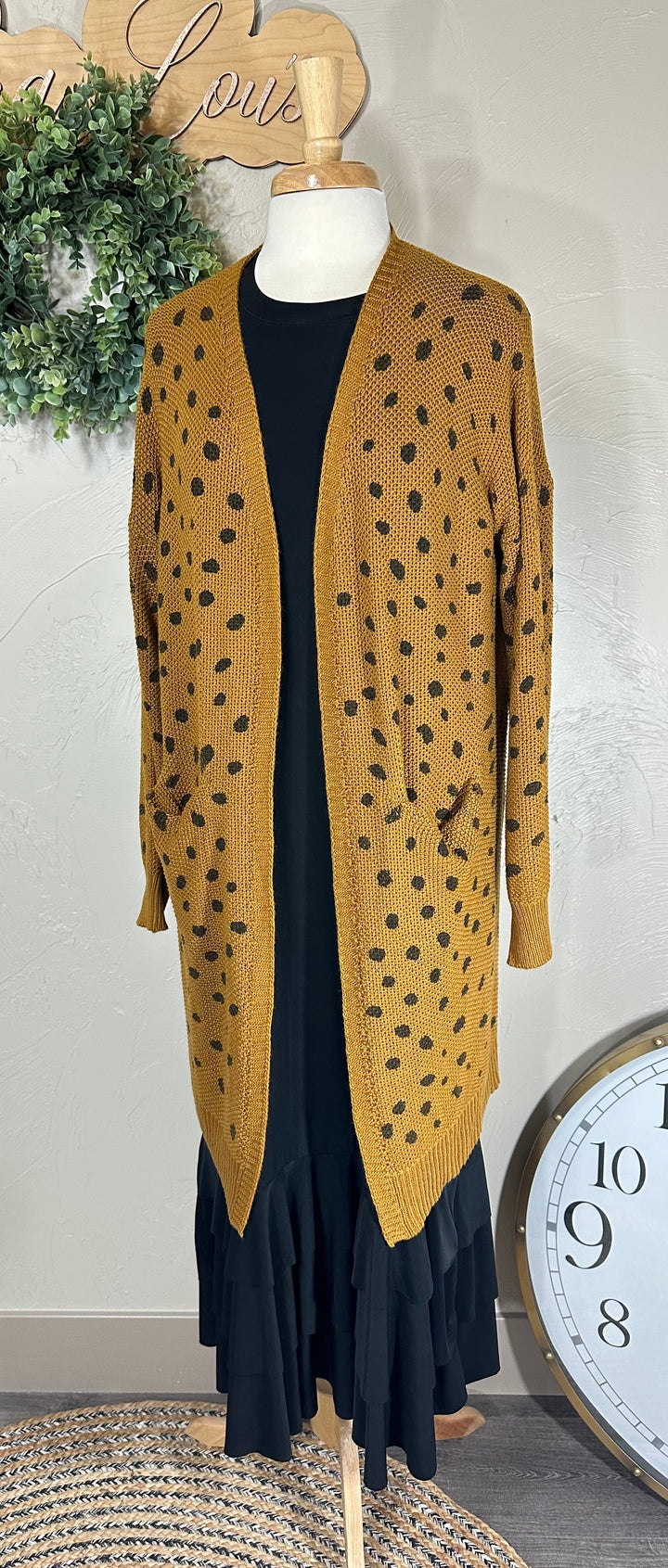 Umgee Mustard Brown Hand Stamped Long Open Front Cardigan Sweater with Pockets