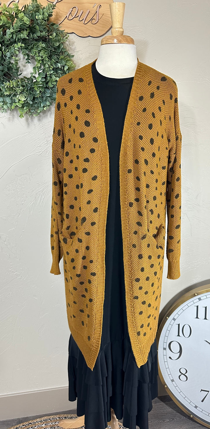 Umgee Mustard Brown Hand Stamped Long Open Front Cardigan Sweater with Pockets