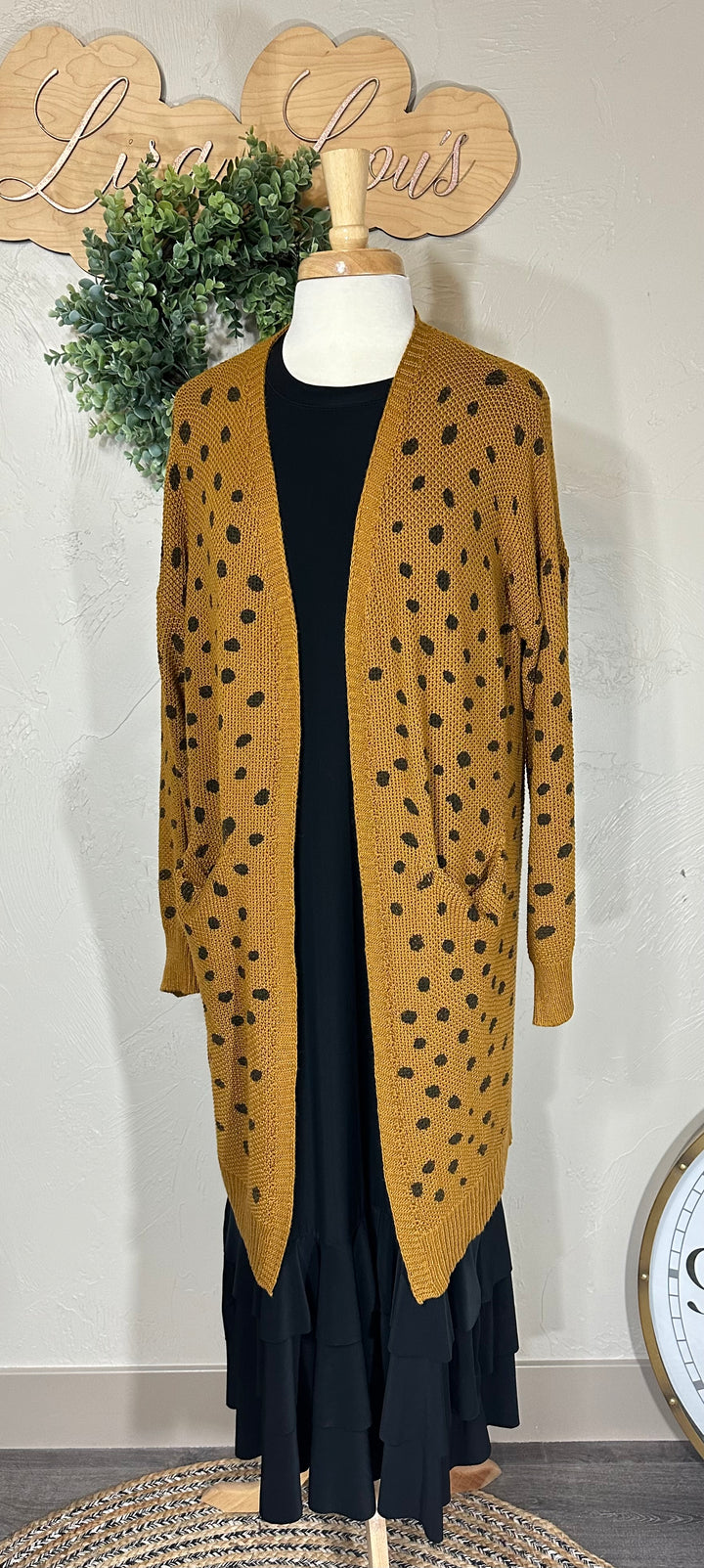 Umgee Mustard Brown Hand Stamped Long Open Front Cardigan Sweater with Pockets