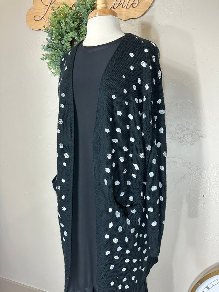 Umgee Black with White Hand Stamped Long Open Front Cardigan Sweater with Pockets