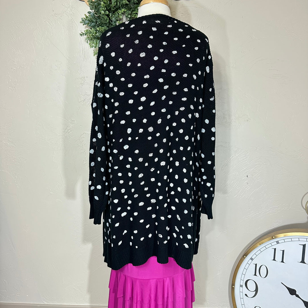 Umgee Black with White Hand Stamped Long Open Front Cardigan Sweater with Pockets