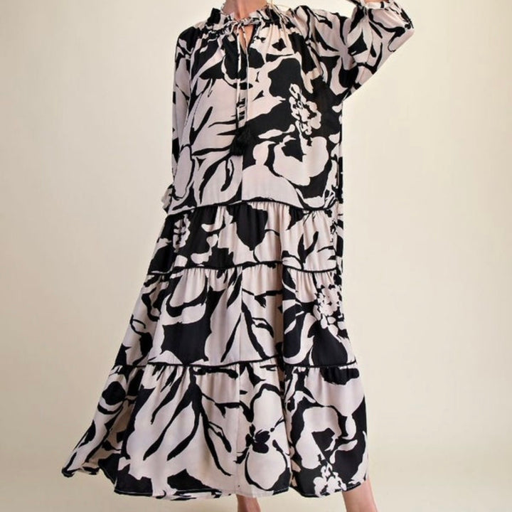 Easel Black and Ecru Print Tiered Lined Dress