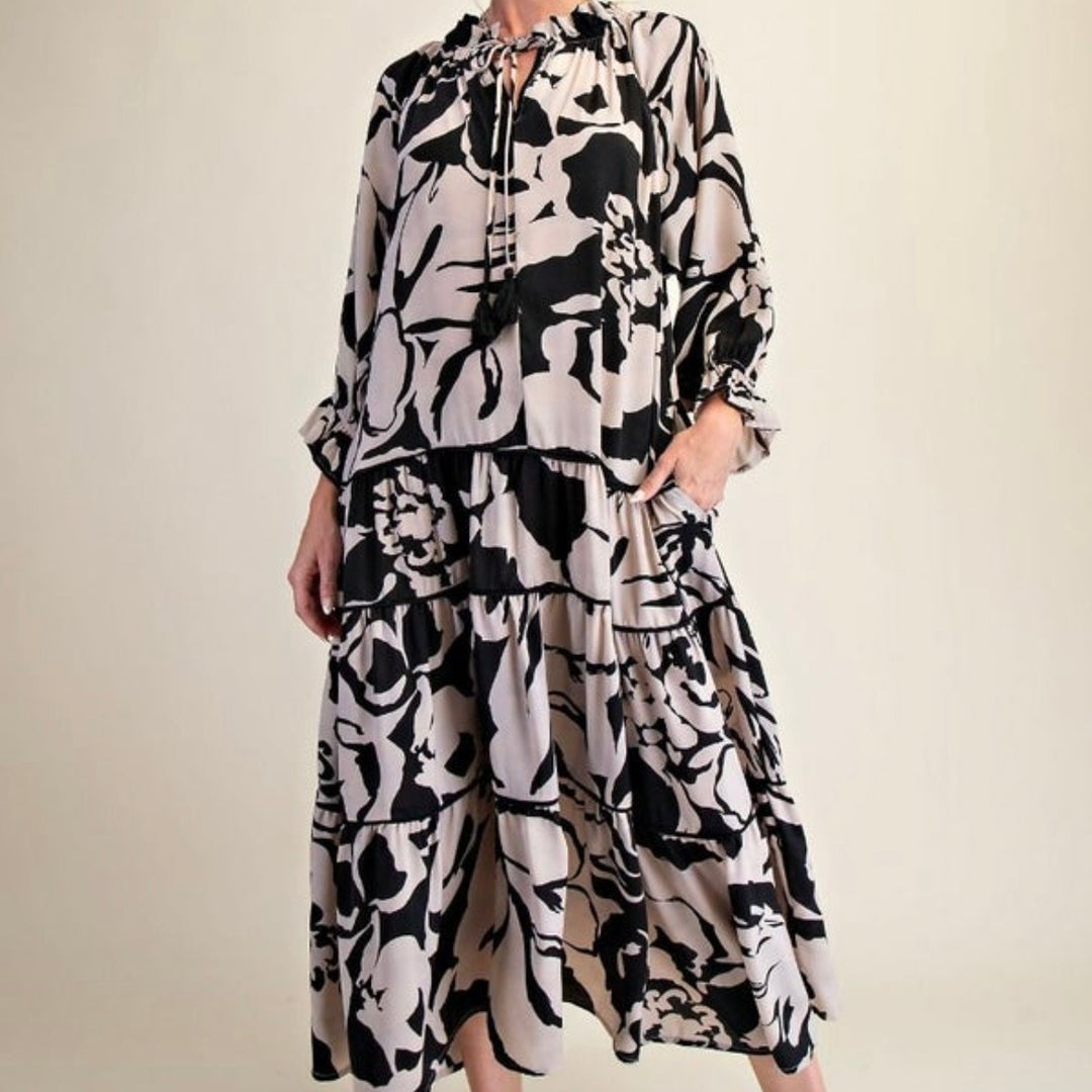 Easel Black and Ecru Print Tiered Lined Dress
