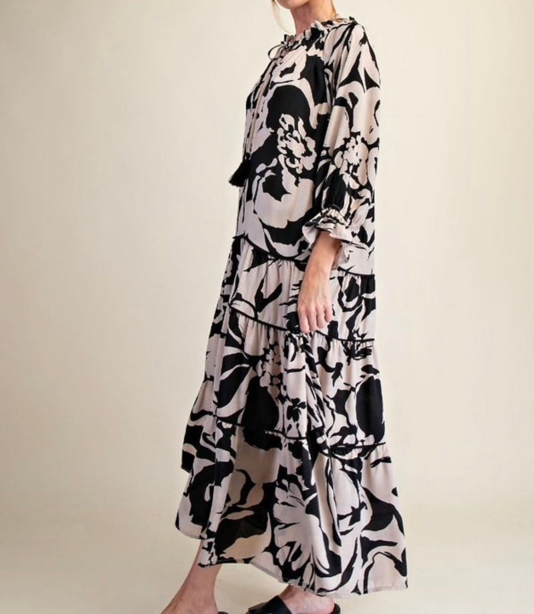 Easel Black and Ecru Print Tiered Lined Dress