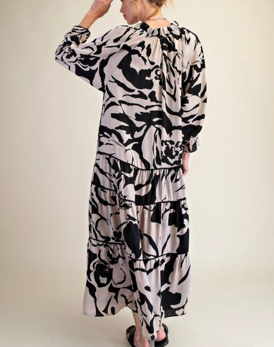 Easel Black and Ecru Print Tiered Lined Dress