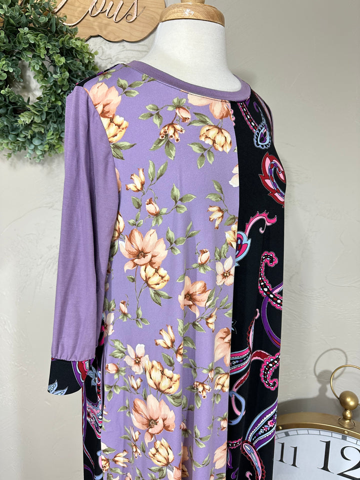 Celeste Lavender Paisley Floral Contrast Modest Dress