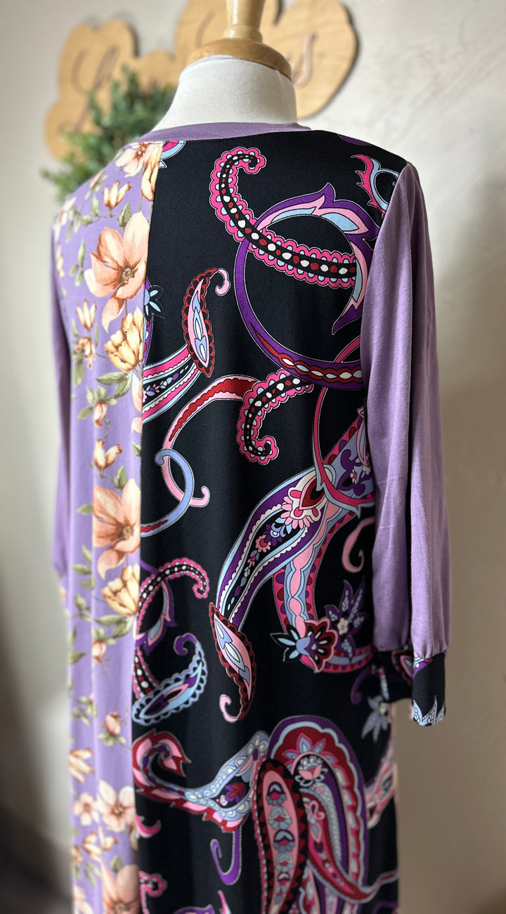 Celeste Lavender Paisley Floral Contrast Modest Dress