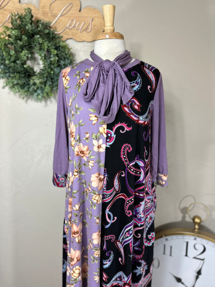 Celeste Lavender Paisley Floral Contrast Modest Dress