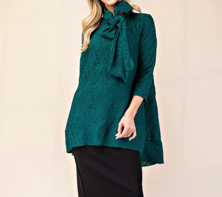 Selena Asymmetrical Hunter Green Modest Textured Tunic Top with Tie