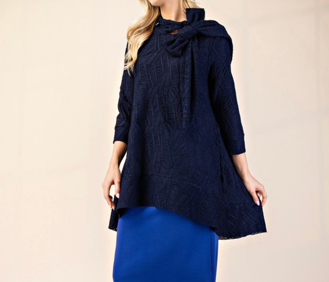 Selena Asymmetrical Rich Navy Blue Modest Textured Tunic Top with Tie