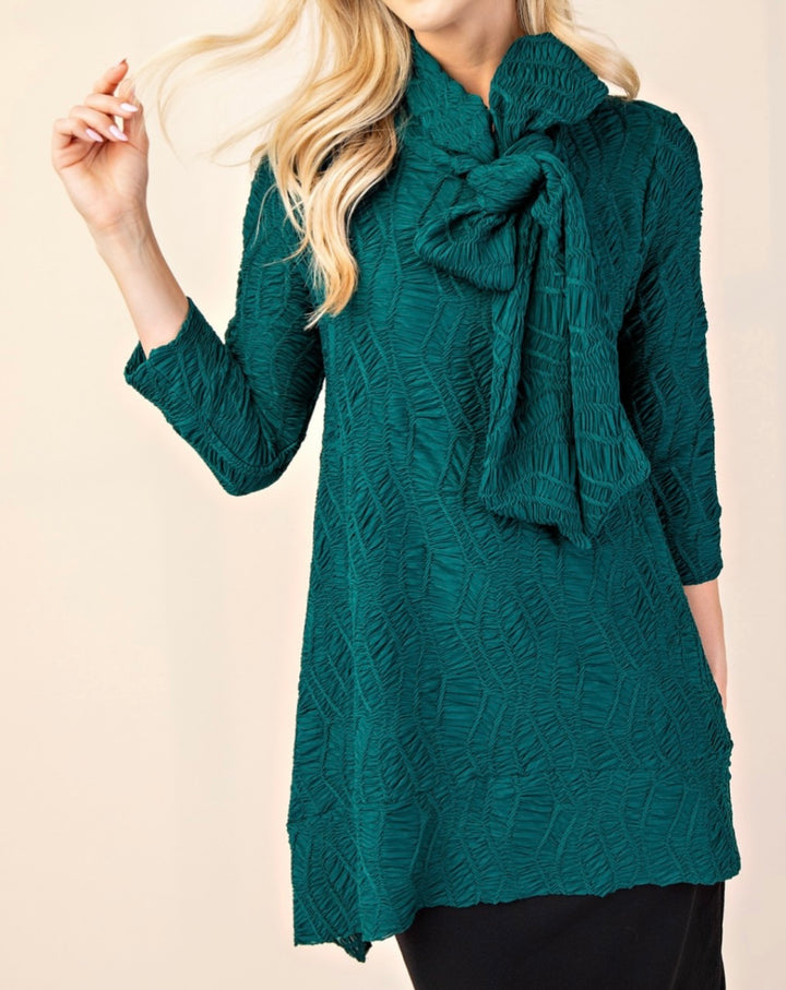 Selena Asymmetrical Hunter Green Modest Textured Tunic Top with Tie