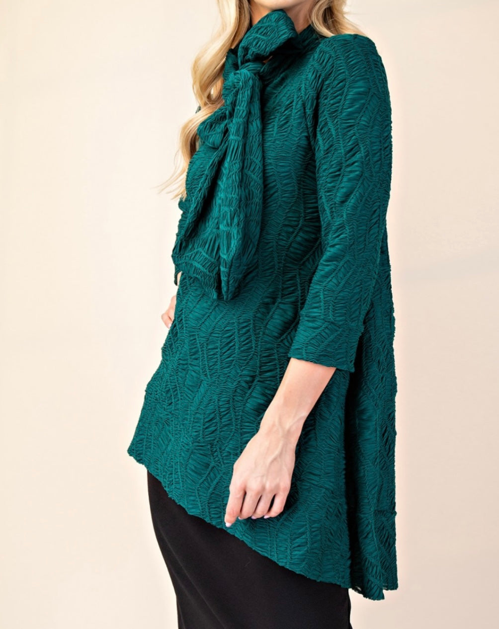 Selena Asymmetrical Hunter Green Modest Textured Tunic Top with Tie