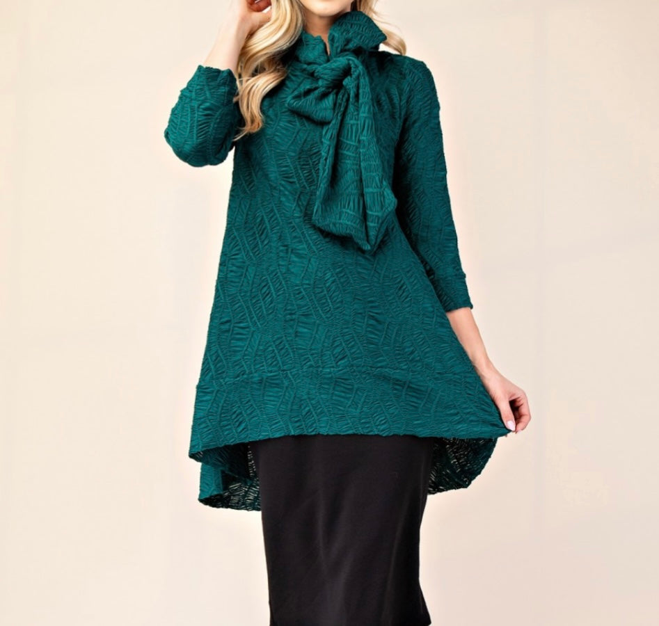 Selena Asymmetrical Hunter Green Modest Textured Tunic Top with Tie