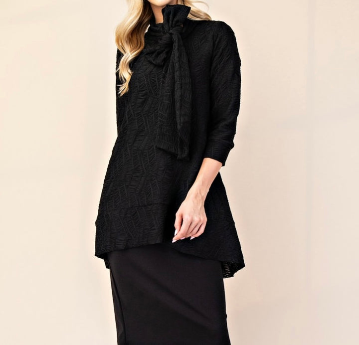 Selena Asymmetrical Black Modest Textured Tunic Top with Tie