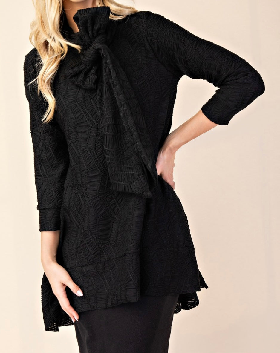 Selena Asymmetrical Black Modest Textured Tunic Top with Tie