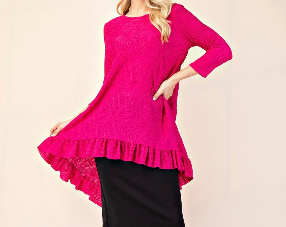 Tabitha Fuchsia Pink Modest Asymmetrical Textured Tunic Top