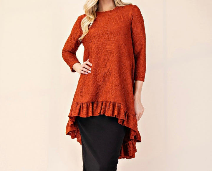 Tabitha Rust Copper Modest Asymmetrical Textured Tunic Top