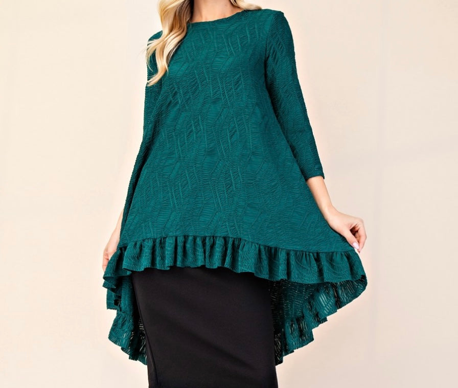 Tabitha Hunter Green Modest Asymmetrical Textured Tunic Top