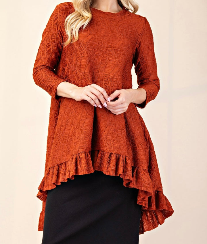 Tabitha Rust Copper Modest Asymmetrical Textured Tunic Top