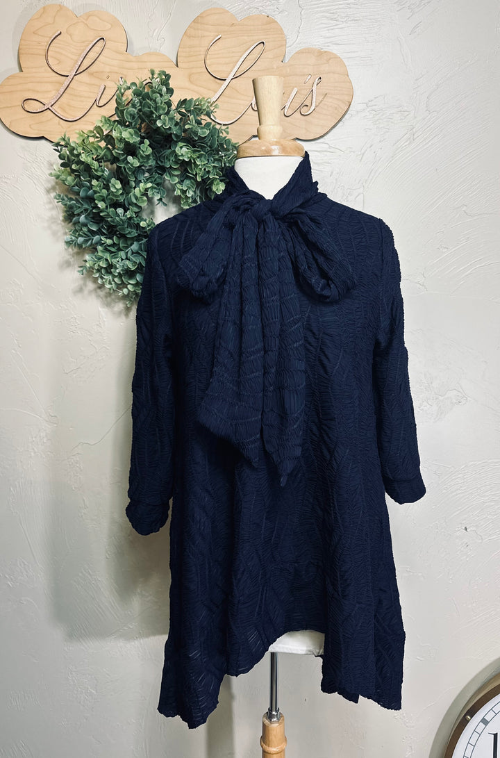 Selena Asymmetrical Rich Navy Blue Modest Textured Tunic Top with Tie